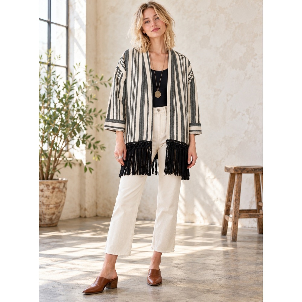 NWT Zara Kimono Jacket Striped Fringed Boho S Coastal Pockets Festival Hippie